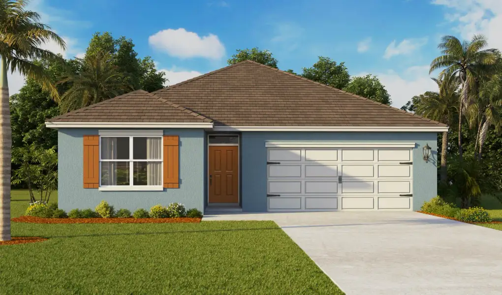 Front exterior of a new home in Cascades, Davenport, FL, highlighting curb appeal (Image 2).