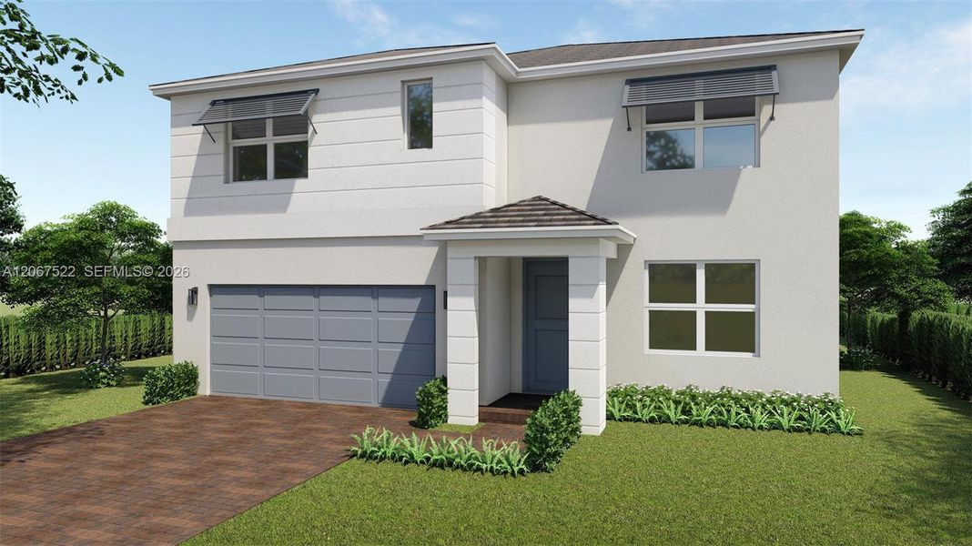 Front exterior of a new home in Parker Pointe, Homestead, FL, highlighting curb appeal (Image 1). Front exterior of a new home in Parker Pointe, Homestead, FL, highlighting curb appeal (Image 1).