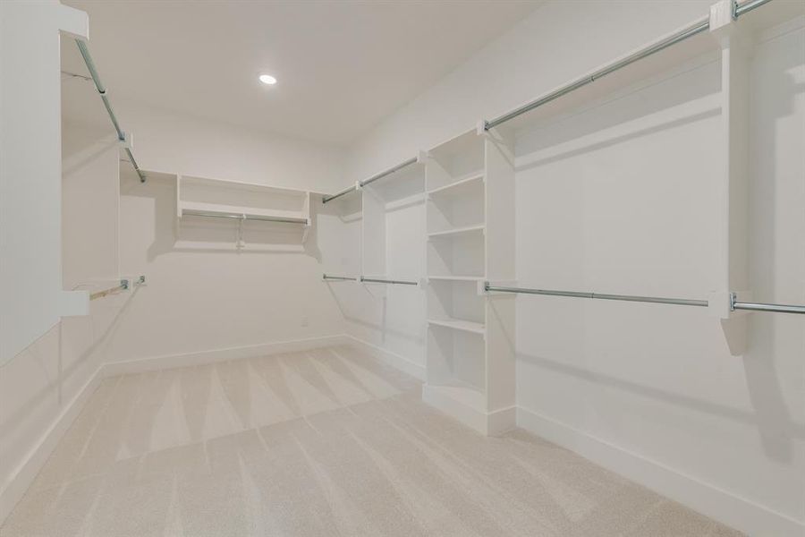 Walk in closet featuring light carpet