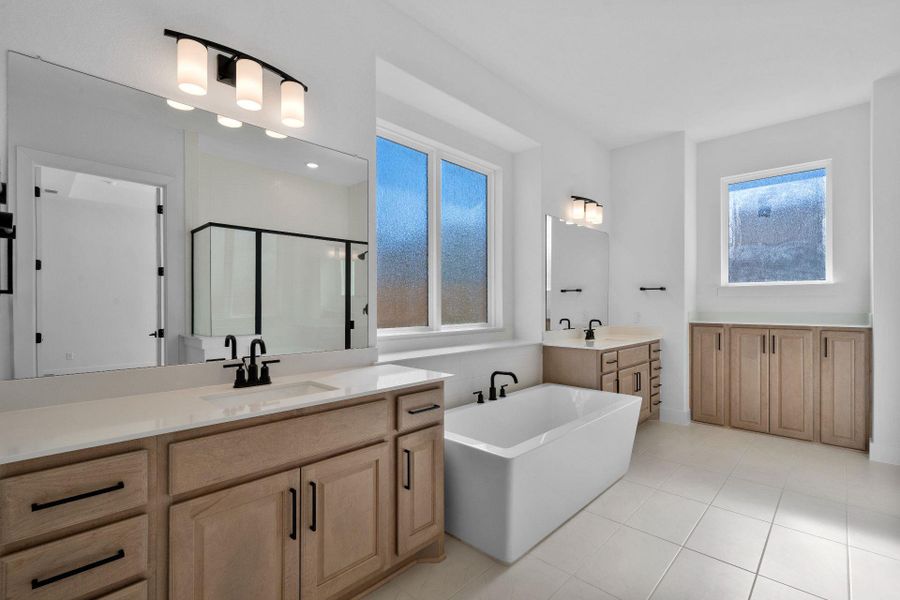 Primary Bath retreat with dual vanities & garden tub