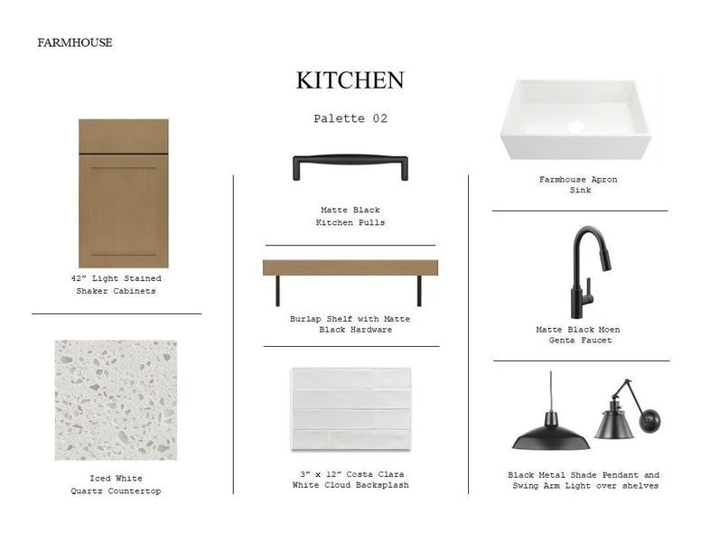 Farmhouse Look Palette 2: Kitchen Selection Sheet (*Artist rendering used for illustration purposes only.)