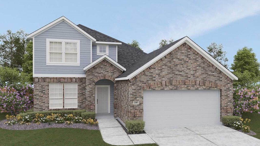 Front exterior of a new home in Hunters Glen, Jarrell, TX, highlighting curb appeal (Image 6).