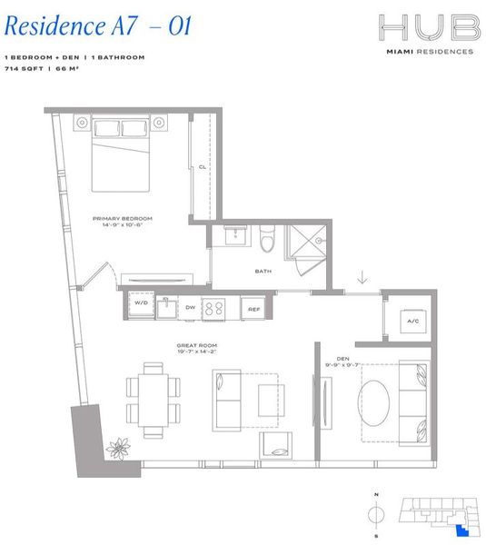 2D floor plan layout for the Residence A7 01 by The John Buck Company in HUB Miami, Miami, FL (Image 1).