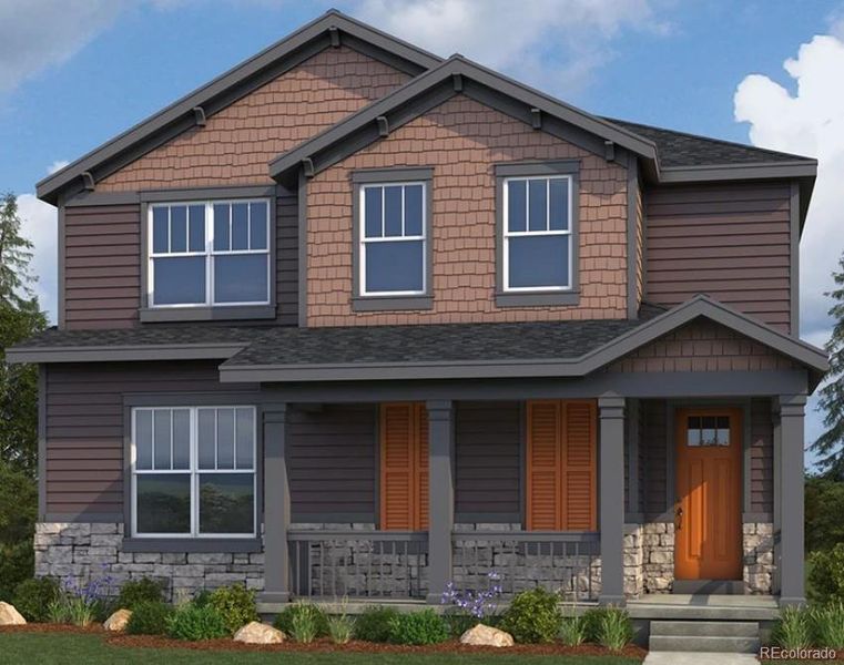 Front exterior of a new home in Windler Single Family Homes, Aurora, CO, highlighting curb appeal (Image 1).