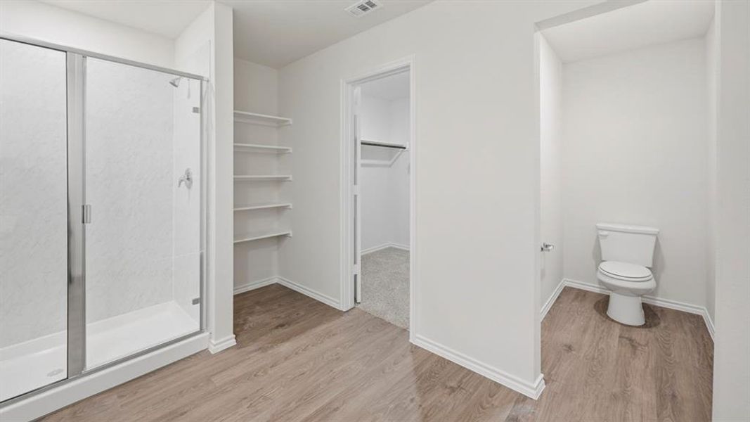 Full bathroom featuring a walk in closet, a stall shower, and light wood-style floors Full bathroom featuring a walk in closet, a stall shower, and light wood-style floors