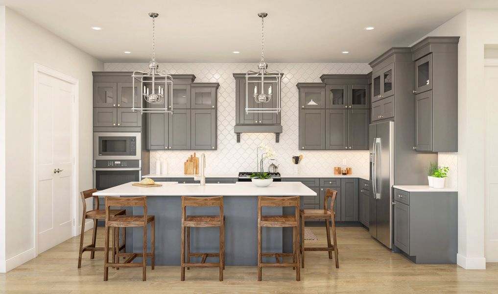 Kitchen with pendant lights and glass upper cabinets