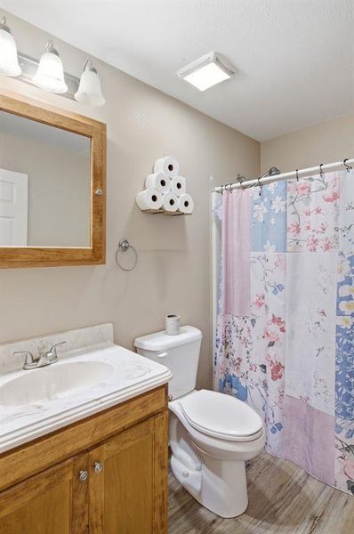 Bathroom with a wood-finish vanity, integrated sink, and wood-look flooring