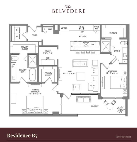 Residence 212 is a B5 floorplan in the Belvedere Central building