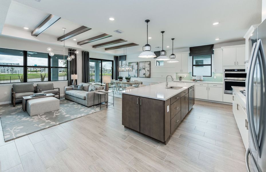 Connected kitchen, gathering room, and café Connected kitchen, gathering room, and café