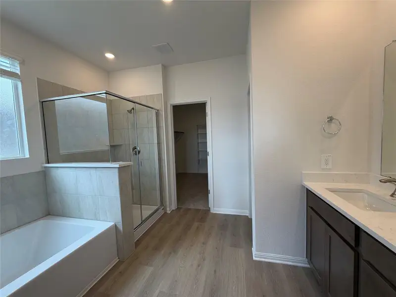 Full bath featuring a spacious closet, light wood-style floors, vanity, a garden tub, and a stall shower