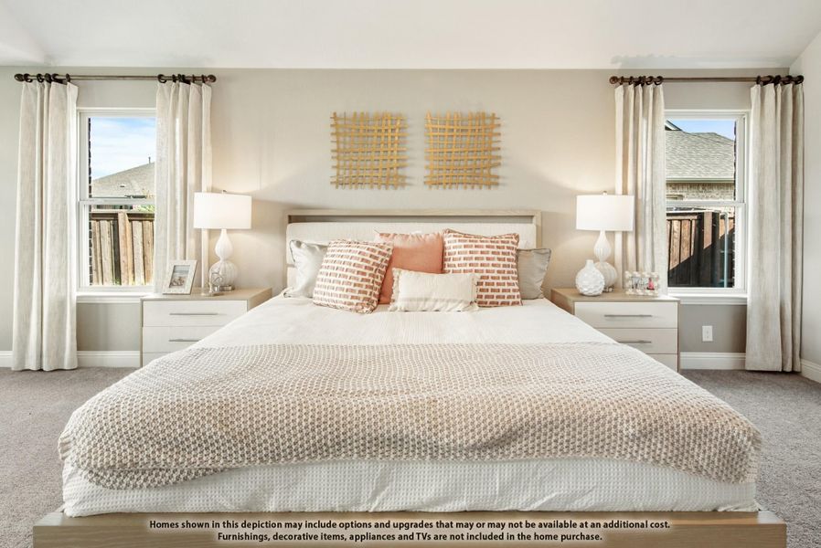 Bedroom with king-size bed, neutral tones, two windows with white curtains, and matching nightstands with lamps
