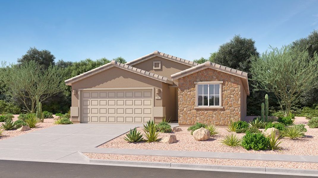 Front exterior of a new home in Monarch, Marana, AZ, highlighting curb appeal (Image 1). Front exterior of a new home in Monarch, Marana, AZ, highlighting curb appeal (Image 1).
