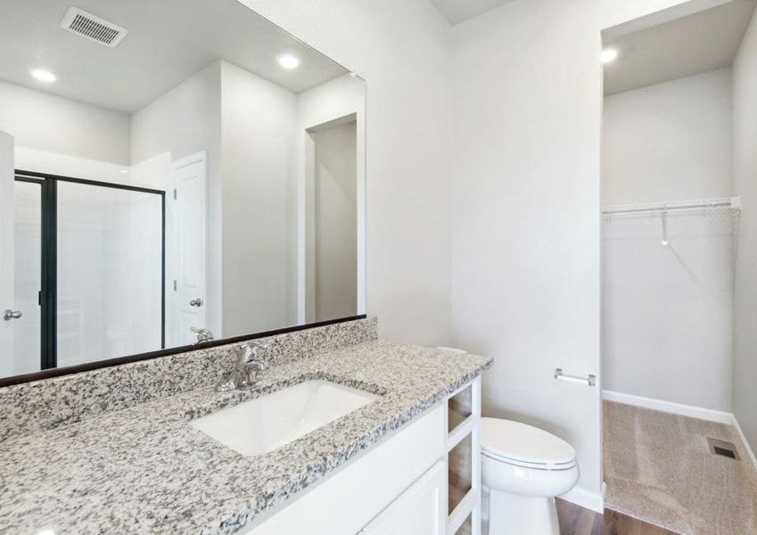 The master bathroom has a step in shower and large vanity.