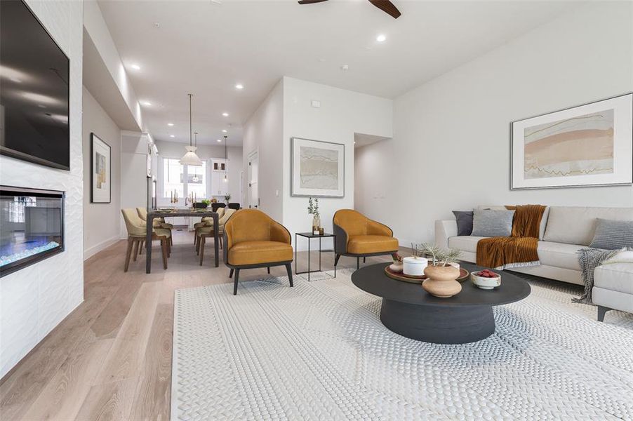 Virtually staged living, dining and kitchen