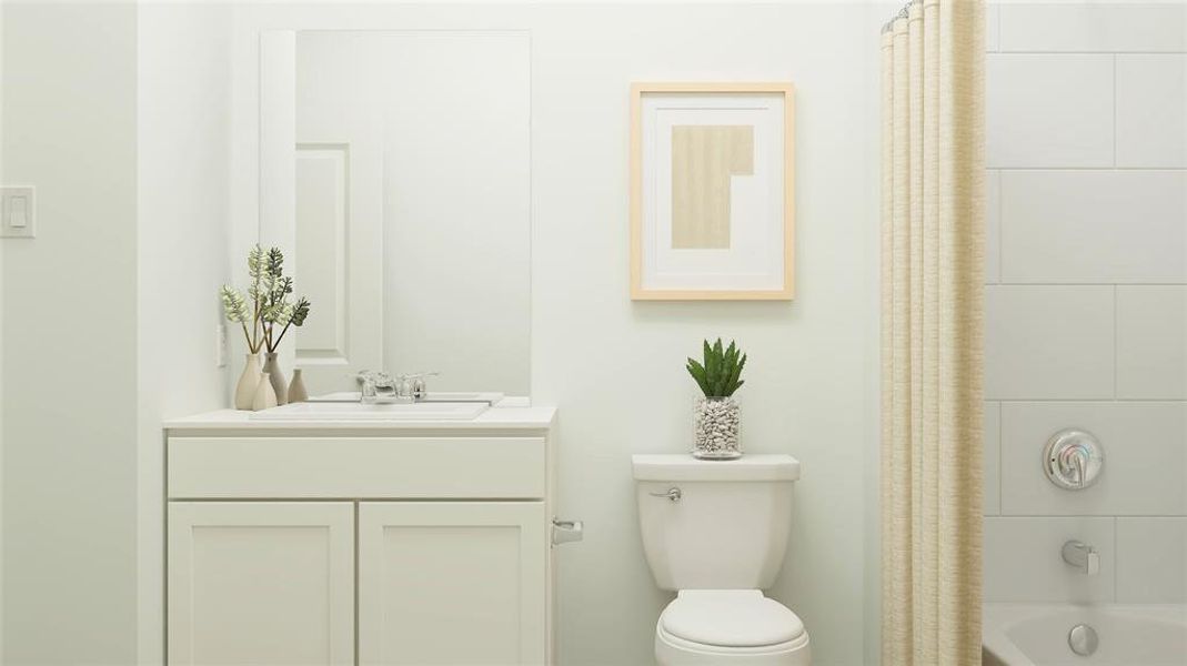 Full bathroom with vanity, toilet, and shower / bath combination with curtain