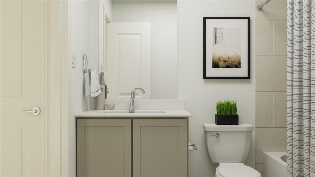 Full bathroom with shower / bath combination with curtain, toilet, and vanity