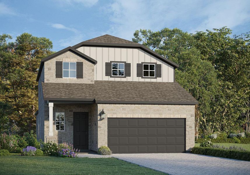 View of front facade featuring a shingled roof, board and batten siding, stone siding, and driveway View of front facade featuring a shingled roof, board and batten siding, stone siding, and driveway