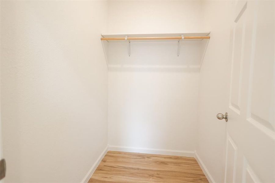 Walk in closet with light wood-style flooring