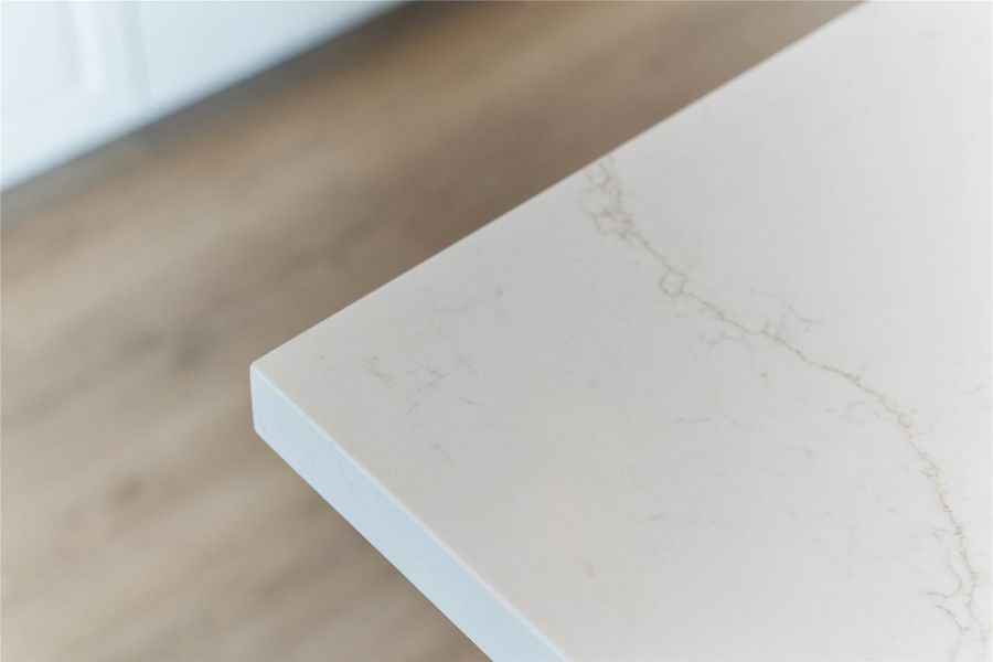 Kitchen countertops - white quartz with subtle, elegant gray veining and a clean, modern edge profile.