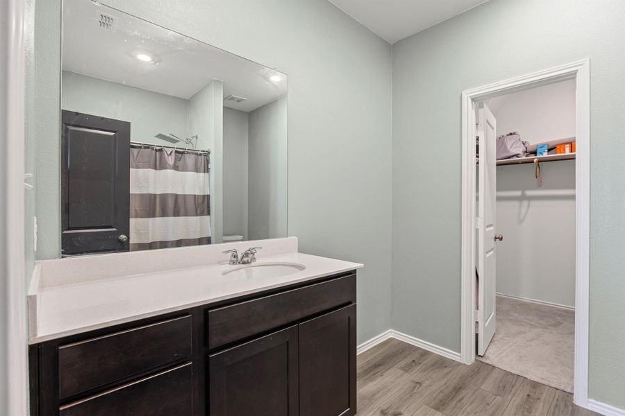 Primary bathroom with wood LVP floors, vanity, a spacious walk-in closet, and a shower with a shower curtain Primary bathroom with wood LVP floors, vanity, a spacious walk-in closet, and a shower with a shower curtain