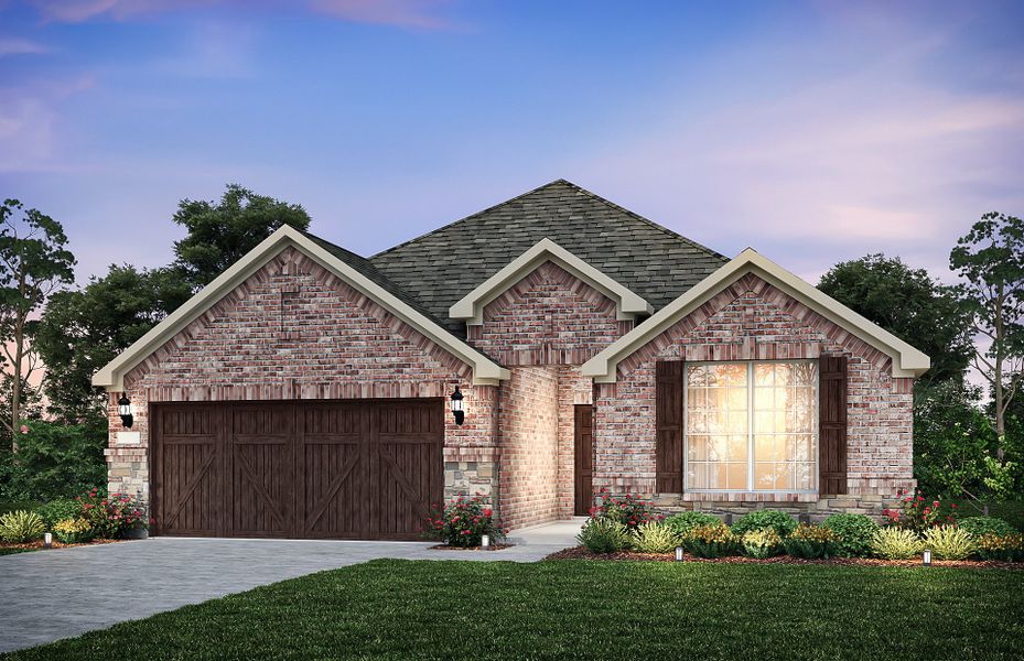 Exterior B of the Mckinney, a one-story home with shutters and stone