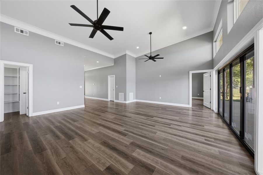 Soaring ceilings in this great room space.
