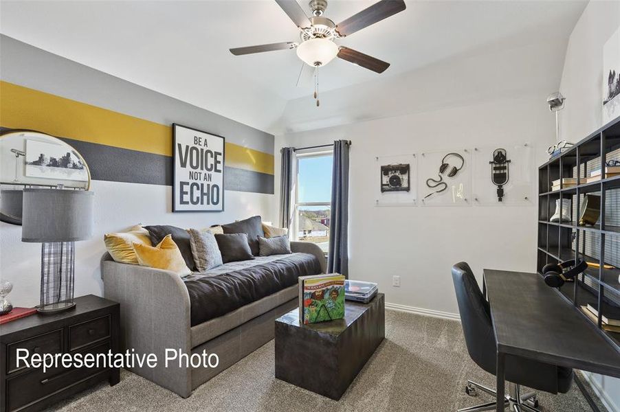 Vaulted ceiling featuring a ceiling fan with integrated lighting