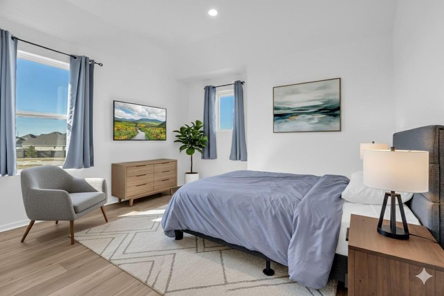 Virtually staged third upstairs bedroom demonstrating how the room accommodates a full bedroom setup with ease. Virtually staged third upstairs bedroom demonstrating how the room accommodates a full bedroom setup with ease.