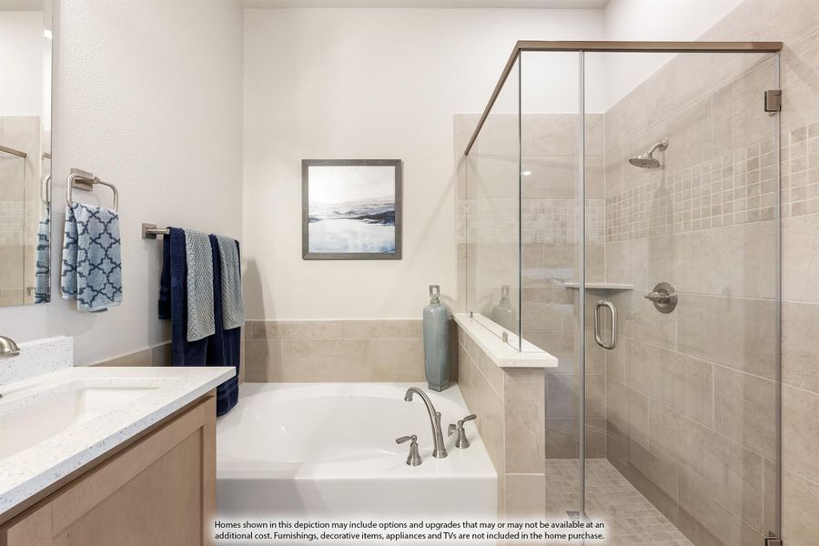 Bathroom with soaking tub, glass-enclosed tile shower, and white quartz vanity countertop Bathroom with soaking tub, glass-enclosed tile shower, and white quartz vanity countertop