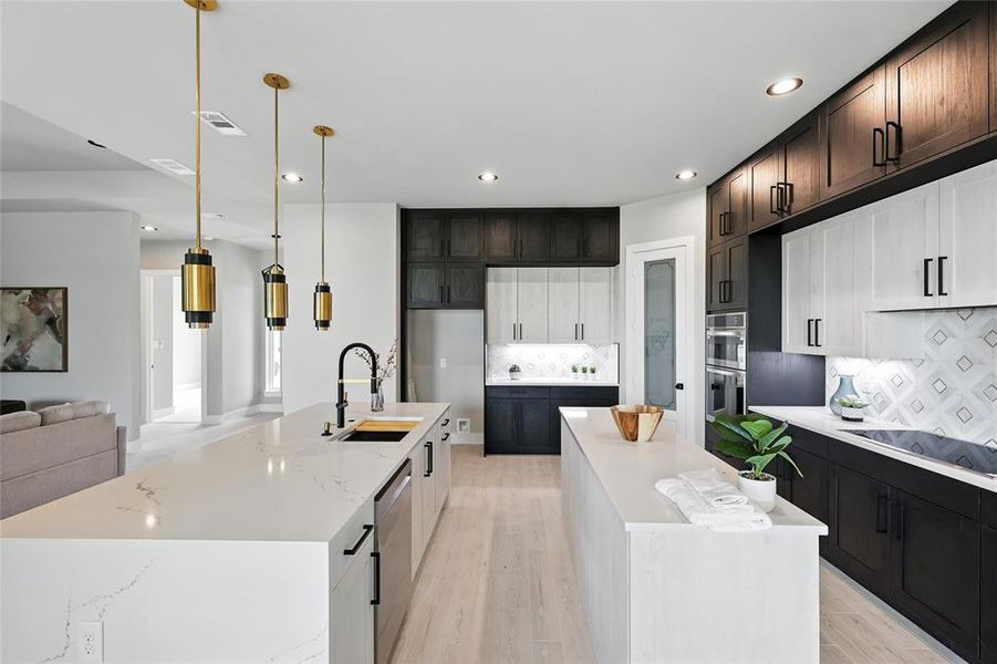 Kitchen featuring a kitchen island with sink, appliances with stainless steel finishes, backsplash, recessed lighting, and light wood-type flooring