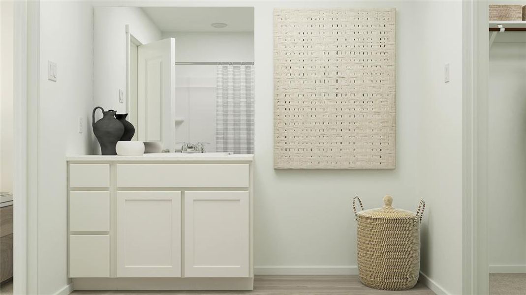 Bathroom with hardwood / wood-style floors, a shower with shower curtain, and vanity