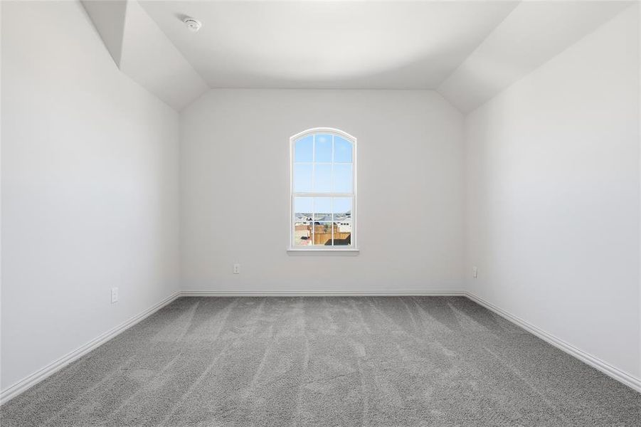 Spare room with lofted ceiling and light colored carpet