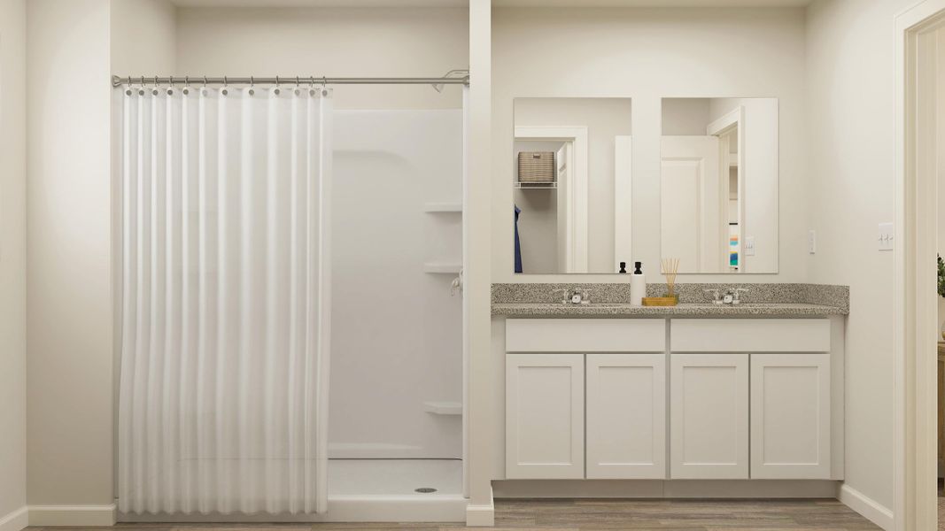 A bathroom with a shower curtain.