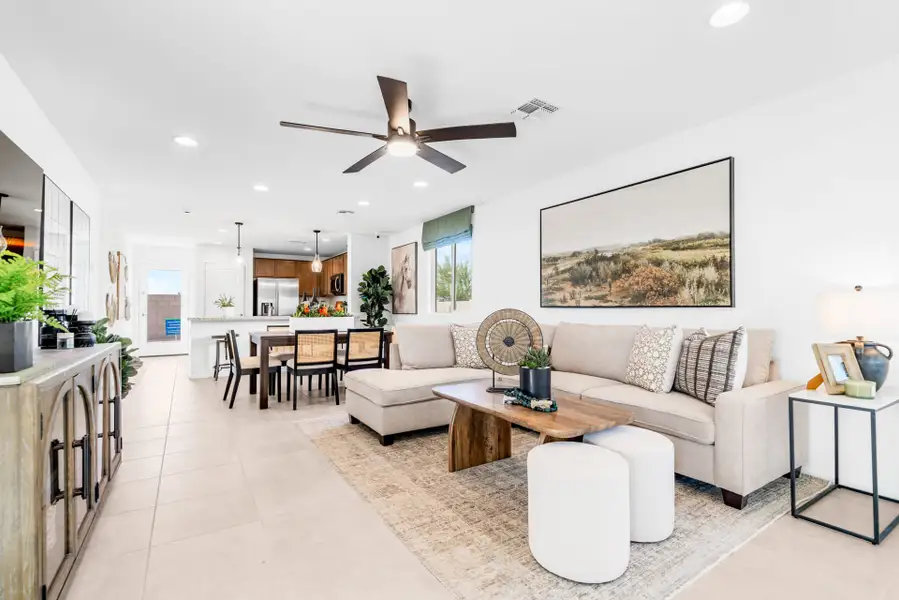 Open Great Room, Dining Area and Kitchen | Horizon | Wildera – Crest Series | New Homes in San Tan Valley, AZ by Landsea Homes Open Great Room, Dining Area and Kitchen | Horizon | Wildera – Crest Series | New Homes in San Tan Valley, AZ by Landsea Homes