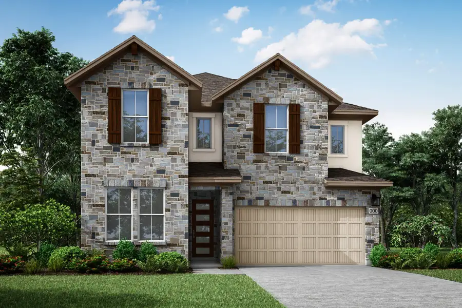 Front exterior of a new home in Heritage, Dripping Springs, TX, highlighting curb appeal (Image 1). Front exterior of a new home in Heritage, Dripping Springs, TX, highlighting curb appeal (Image 1).