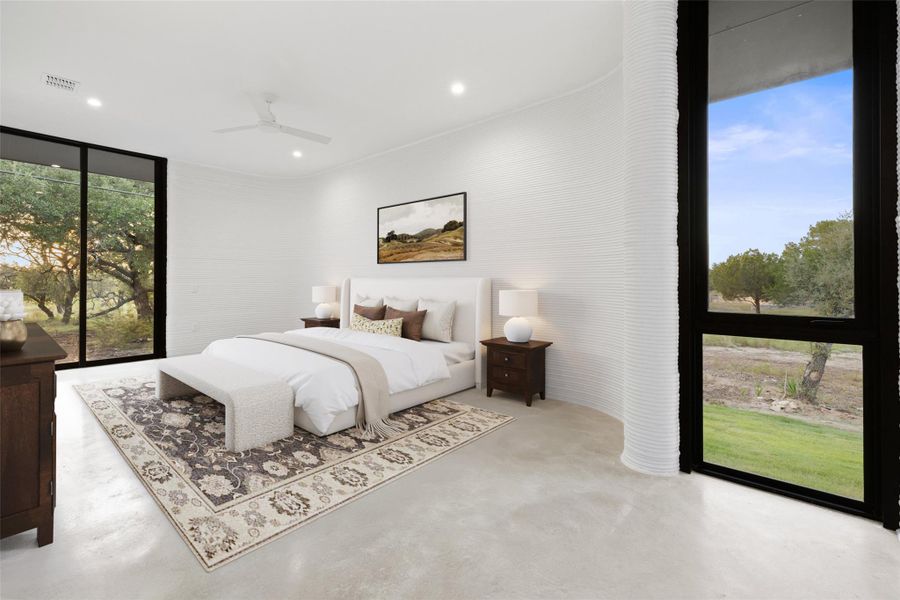 Bedroom with access to outside, expansive windows, ceiling fan, recessed lighting, and finished concrete flooring