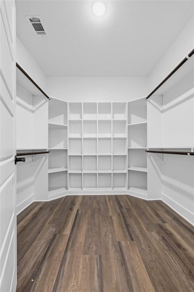 Primary bedroom walk-in closet with custom cabinetry