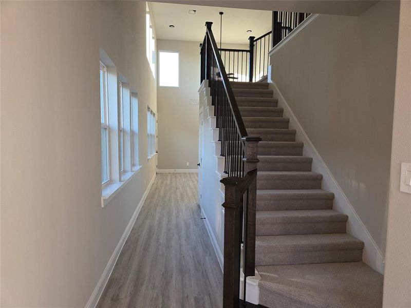 Stairs featuring wood-type flooring and a high ceiling