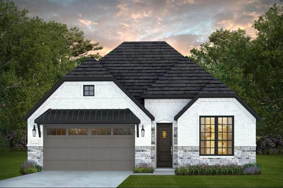 Front exterior of a new home in Valencia, Manvel, TX, highlighting curb appeal (Image 1). Front exterior of a new home in Valencia, Manvel, TX, highlighting curb appeal (Image 1).