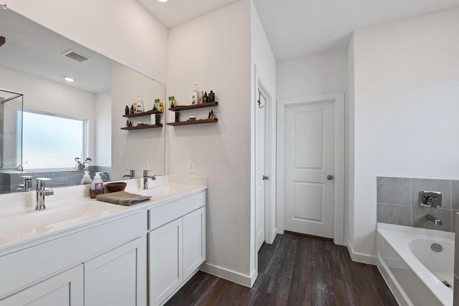 Beautiful neutral colored double sink vanity for the primary bathroom