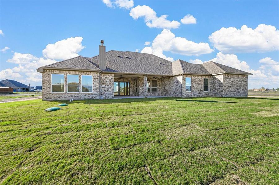 Rear view of property with a lawn and ceiling fan