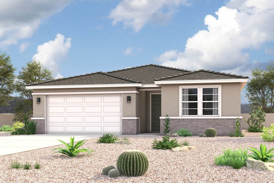 Front exterior of a new home in Palomino Ranch, Maricopa, AZ, highlighting curb appeal (Image 1). Front exterior of a new home in Palomino Ranch, Maricopa, AZ, highlighting curb appeal (Image 1).