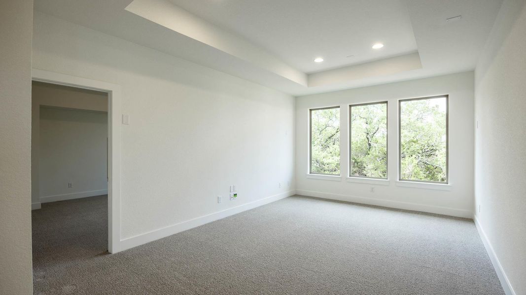 Spare room with carpet floors, baseboards, a raised ceiling, and recessed lighting Spare room with carpet floors, baseboards, a raised ceiling, and recessed lighting