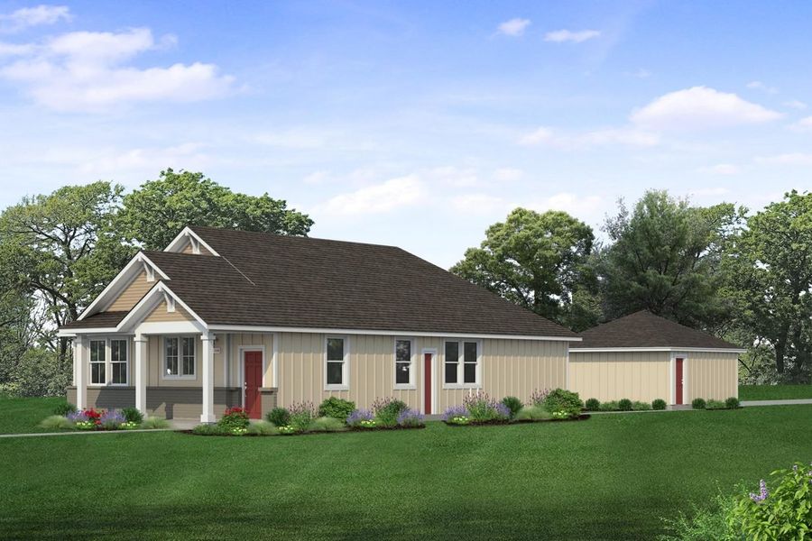 Rendering of one story two-tone tan home with tan painted brick, black door, and detached garage with sky and landscaping Rendering of one story two-tone tan home with tan painted brick, black door, and detached garage with sky and landscaping