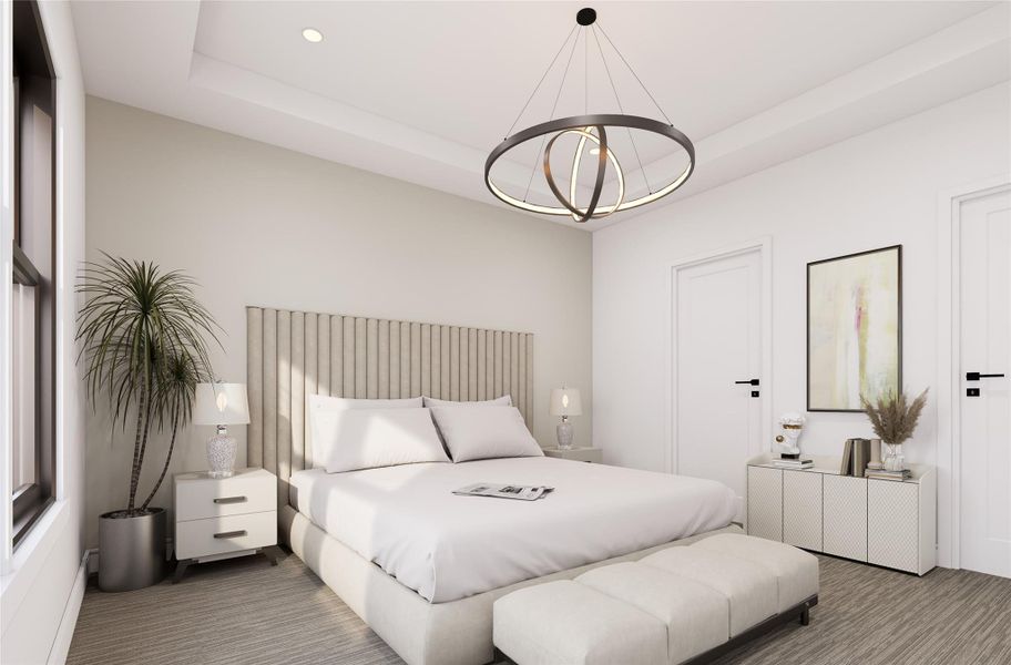 This primary bedroom features a modern design with a neutral color palette creating a serene ambiance. This primary bedroom features a modern design with a neutral color palette creating a serene ambiance.