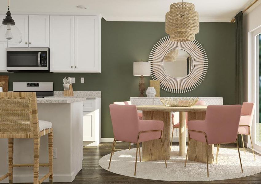 Rendering showing the breakfast area
  between the kitchen and sliding glass door to the back yard. The space has
  vinyl plank flooring and is furnished with a round five-person table, buffet
  and large mirror on the wall.