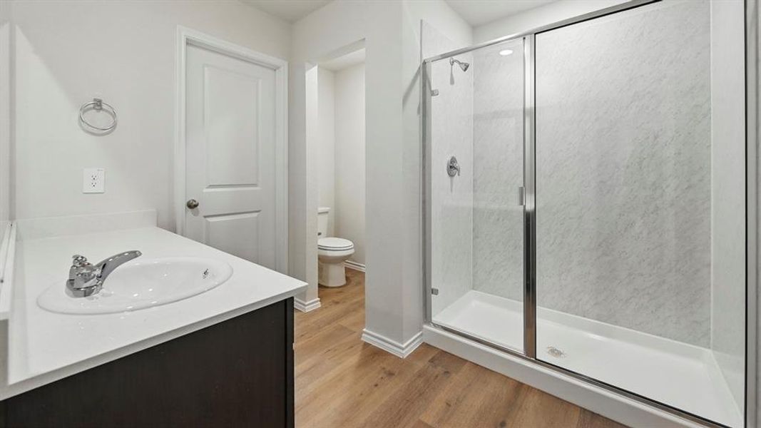Bathroom featuring a shower stall, vanity, and light wood-style floors