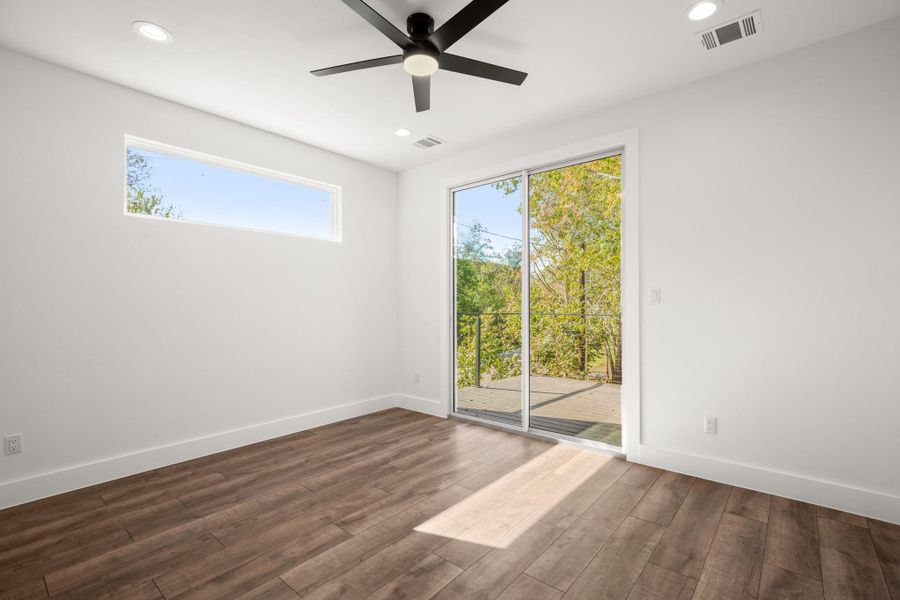 Spare room with recessed lighting, dark wood finished floors, and ceiling fan