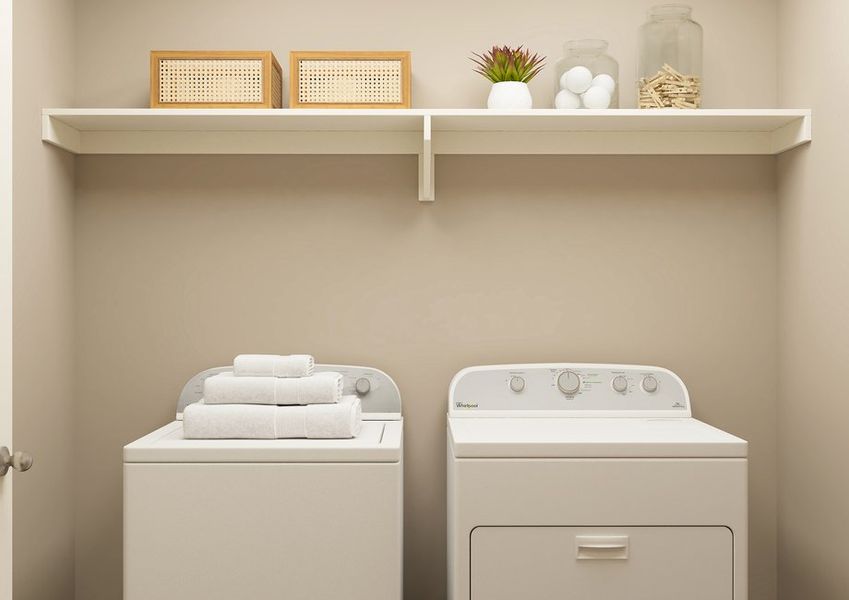 Rendering of a laundry room with a shelf above a washer and dryer. Rendering of a laundry room with a shelf above a washer and dryer.
