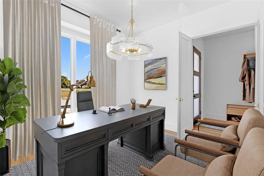 Office area with a chandelier. Staged photo Office area with a chandelier. Staged photo